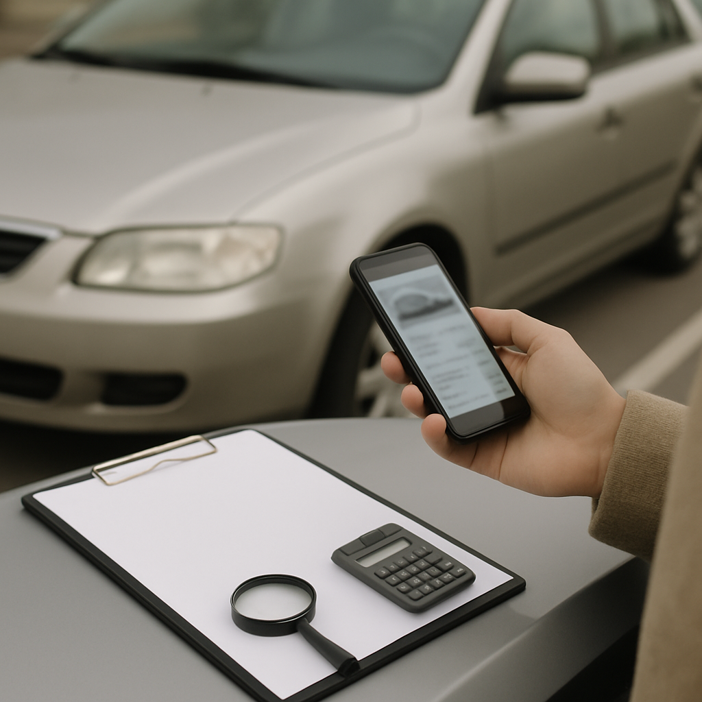 Osoba porównuje ogłoszenie auta przy samochodzie na parkingu, obok leżą kalkulator i notatnik.