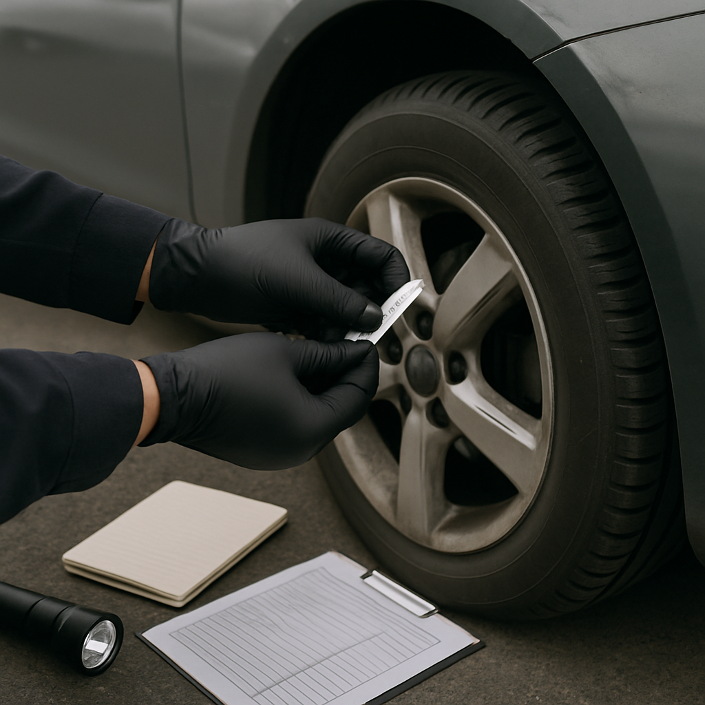 Inspekcja opony i nadkola auta na parkingu z latarką i notatnikiem