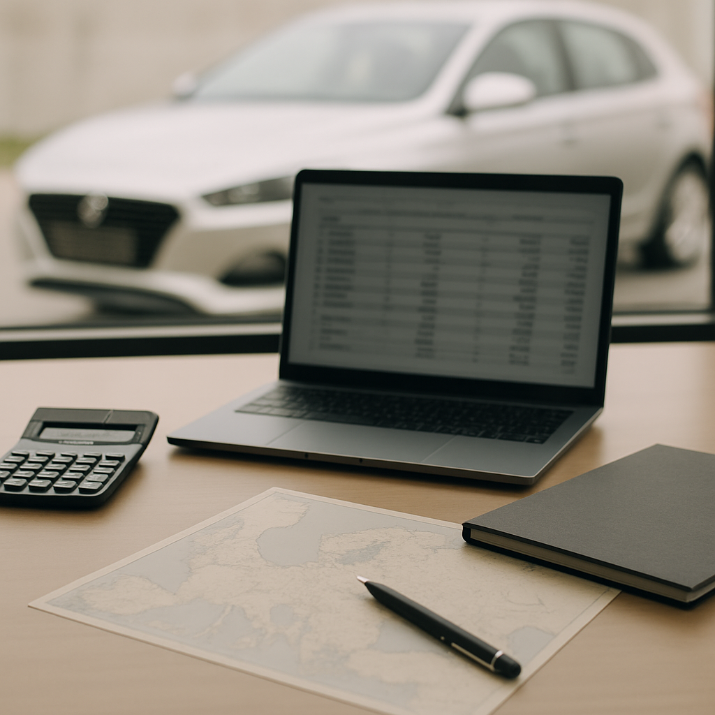 Biurko z kalkulatorem, laptopem i teczką w tle rozmyte auto za oknem